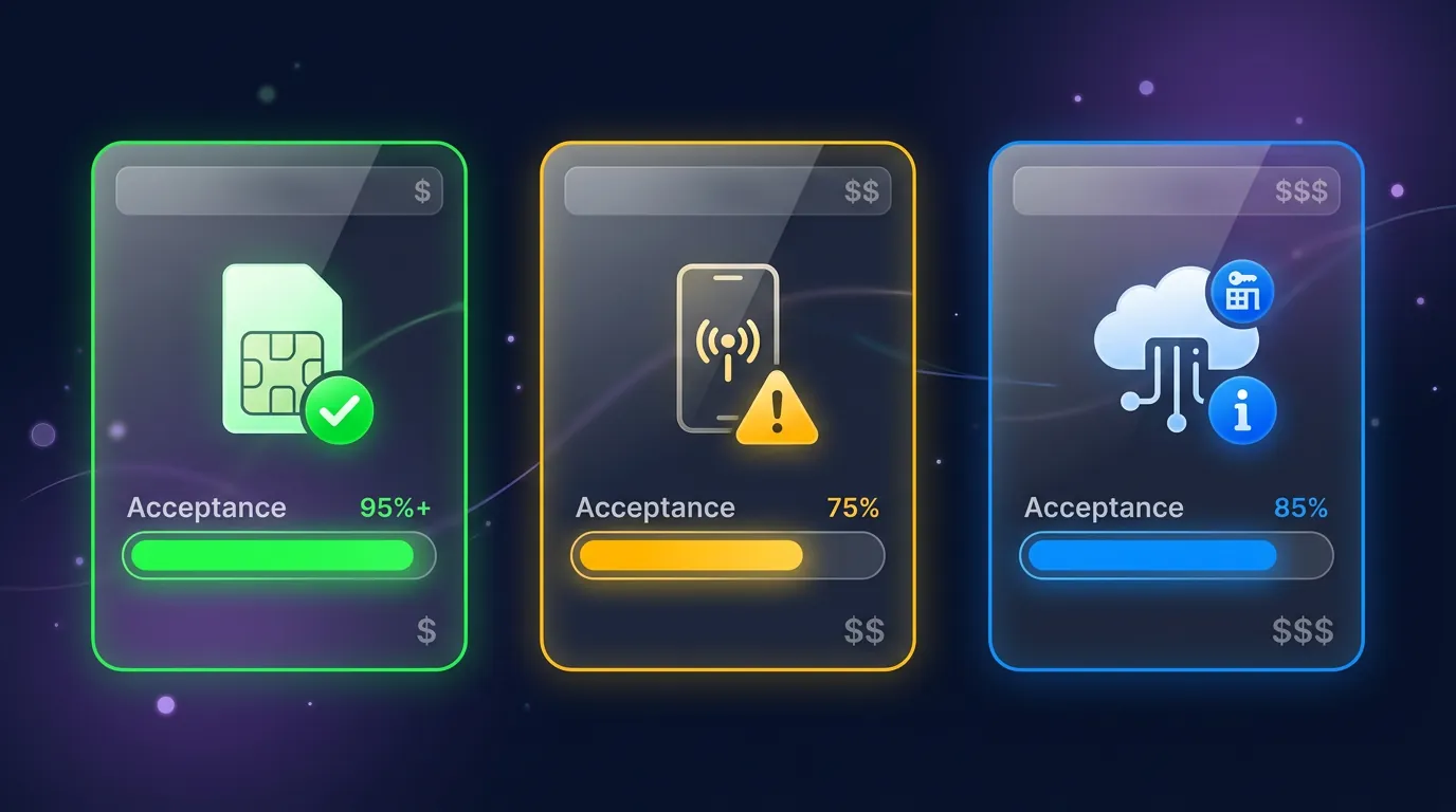 Comparison cards for 3 SIM types: Real SIM, Virtual SIM, and Rental SIM