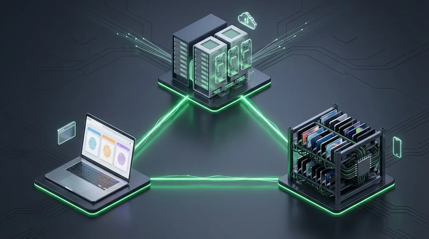 The Iron Triangle — 3 multi-account management solutions for Social Media Farming: Cloud Phone, Antidetect Browser, and Physical Phone Farm