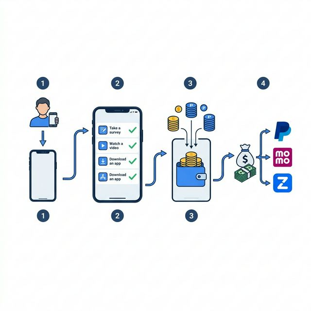 Task Farming Mechanism — 4-step flowchart from downloading apps to cash withdrawal via PayPal, Momo, ZaloPay Task Farming Mechanism — 4-step flowchart from downloading apps to cash withdrawal via PayPal, Momo, ZaloPay