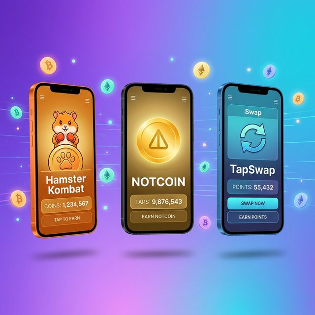 Telegram tap-to-earn games 2026 Hamster Kombat, Notcoin, TapSwap — 3 phones displaying each game