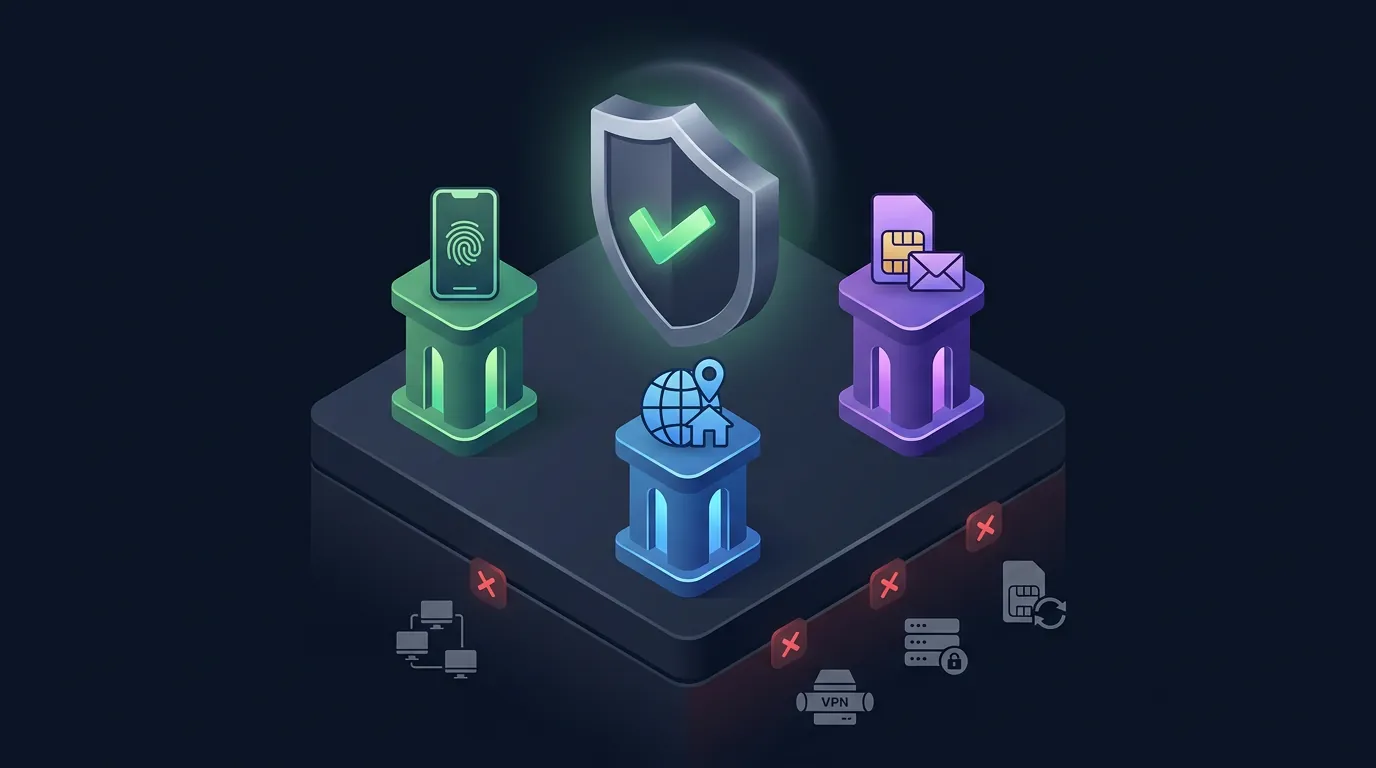 3D isometric diagram of the 3 pillars of safe registration: device, IP, and SIM/Email