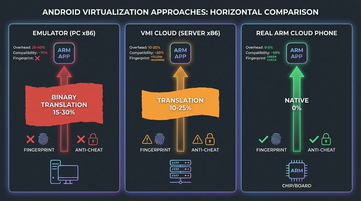 Three scenarios compared — x86 Emulator vs x86 VMI Cloud vs Real ARM Cloud Phone with different overhead levels