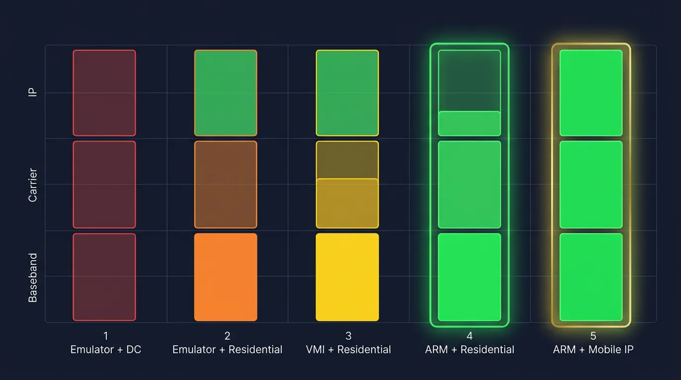Comparing 5 platforms across 3 trust layers: baseband, carrier, and IP — ARM Cloud Phones achieve 2-3/3