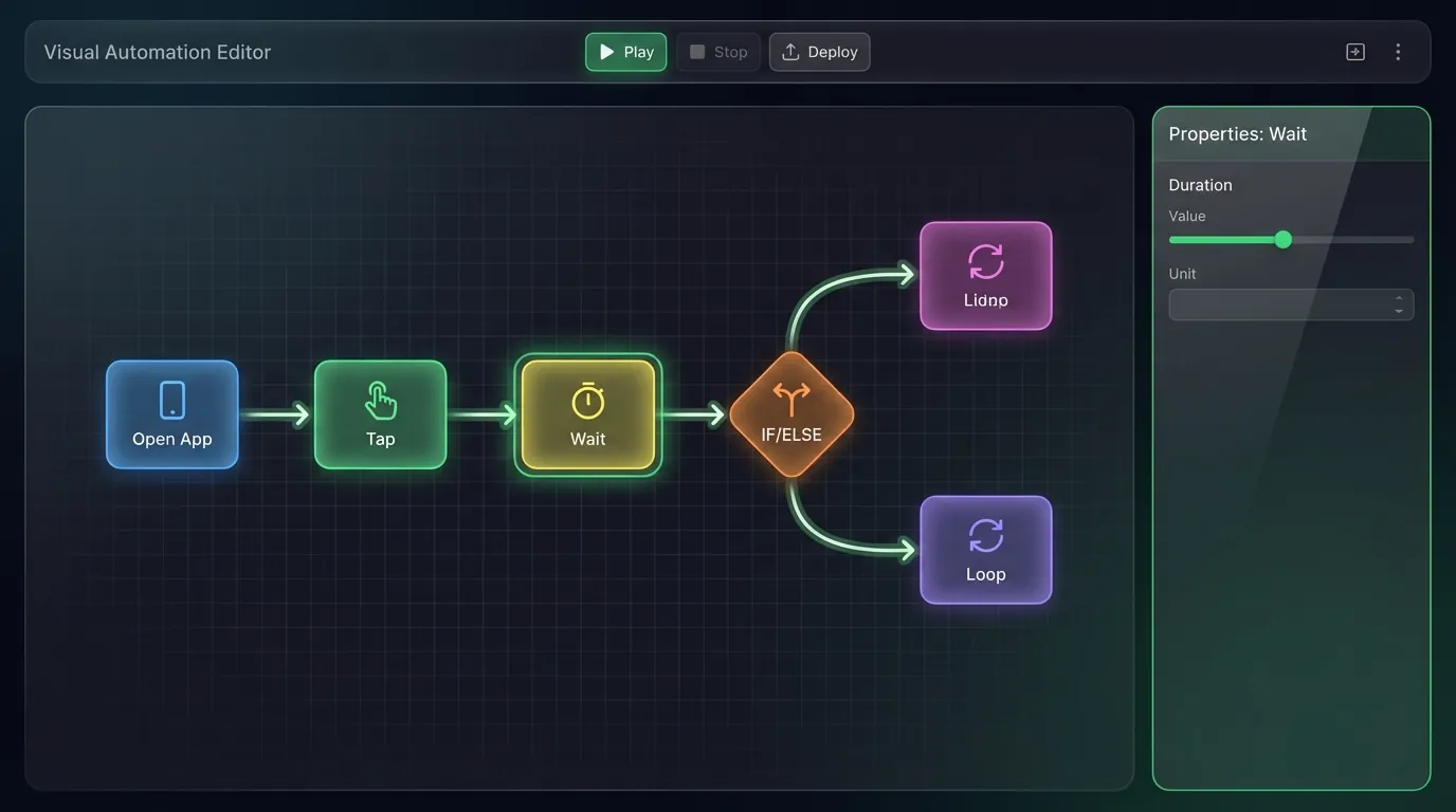 XCloudPhone Visual Automation Editor — drag-and-drop interface for building automation flows on canvas