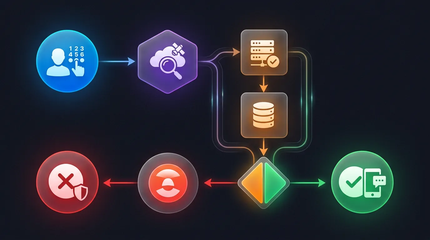 Quy trình VoIP detection: Platform gửi Carrier Lookup request — kiểm tra HLR và Carrier Database — trả về carrier type VoIP hoặc Mobile — quyết định block hoặc accept OTP