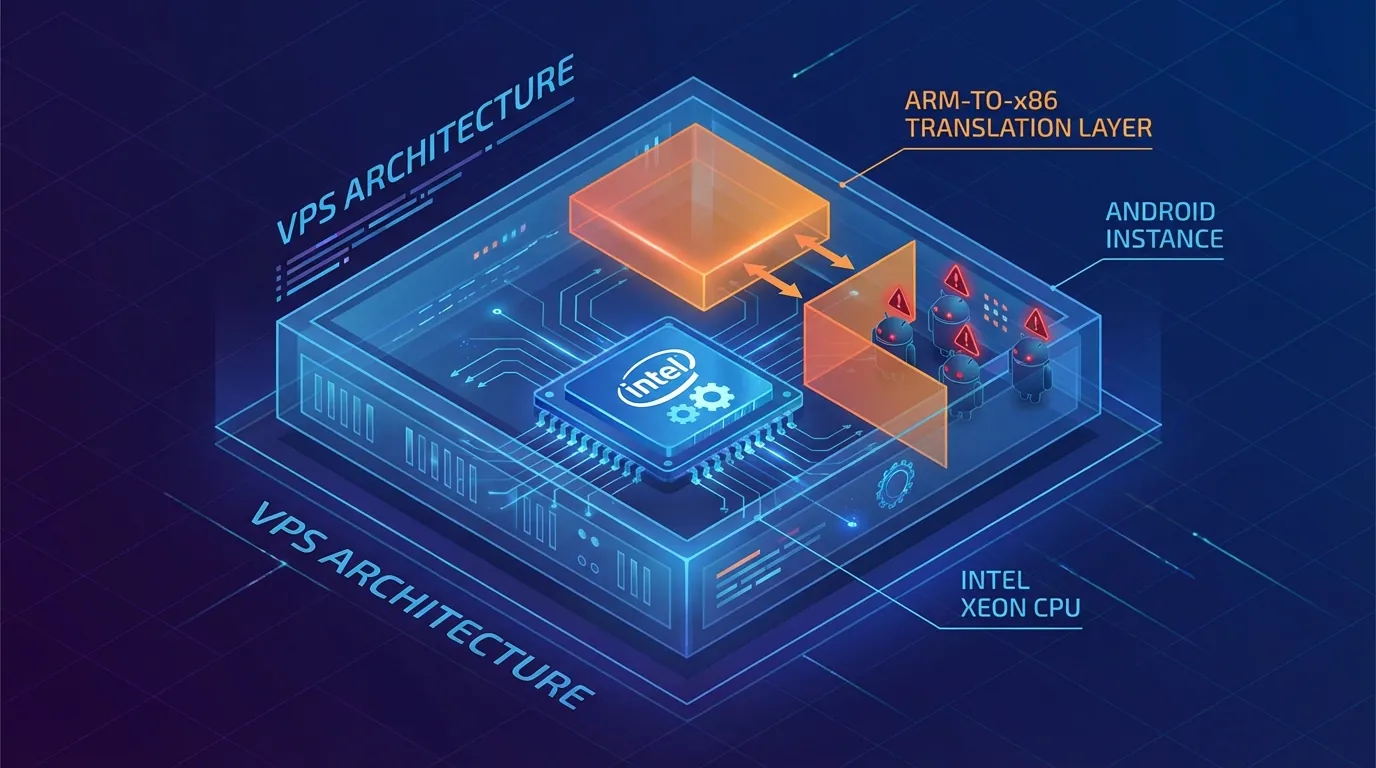 VPS Android architecture showing x86 CPU binary translation layer converting ARM instructions with VM indicators exposed