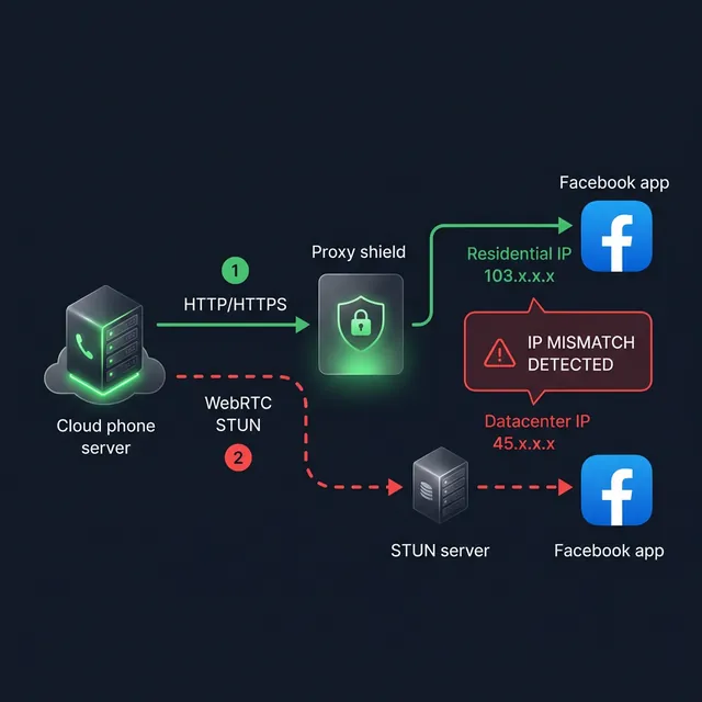WebRTC leak diagram — HTTP traffic routes through proxy safely but STUN request bypasses proxy revealing real datacenter IP