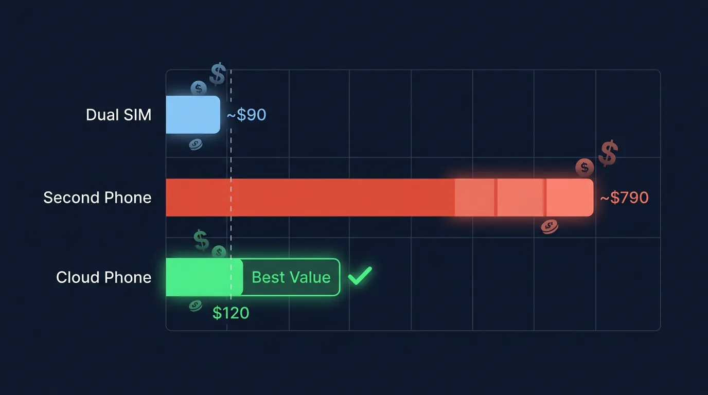 Horizontal bar chart comparing yearly costs: Dual SIM at $60-120, a second physical phone at $420-1,160, and Cloud Phones at a flat $120/year