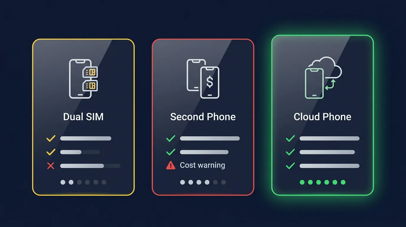 Comparing 3 work separation solutions: Dual SIM, buying a second phone, and Cloud Phone — evaluated across 6 criteria