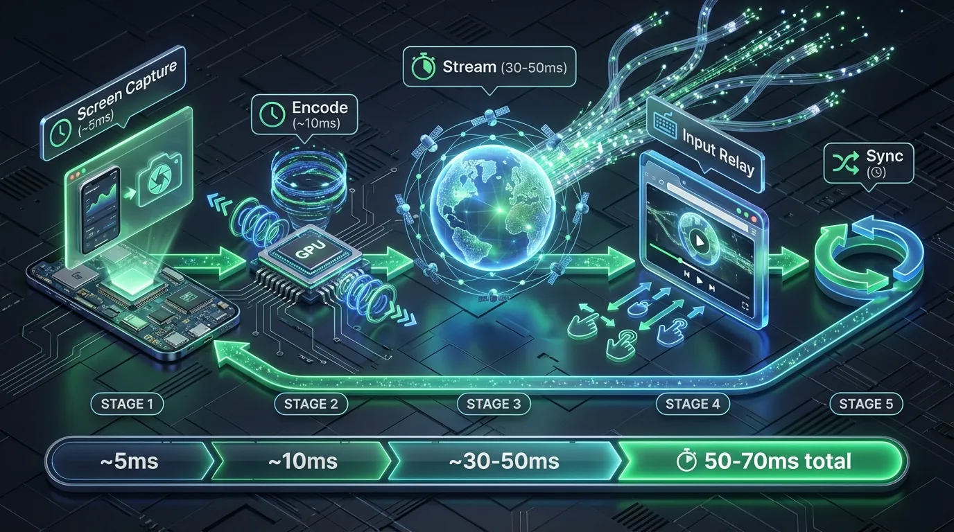 5-step streaming pipeline from XCloudPhone mainboard to user browser